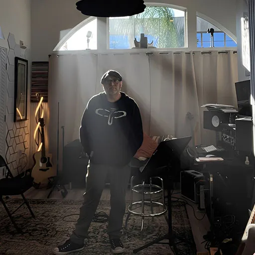 Jan Parra in his guitar studio where he teaches kids guitar lessons in La Mesa