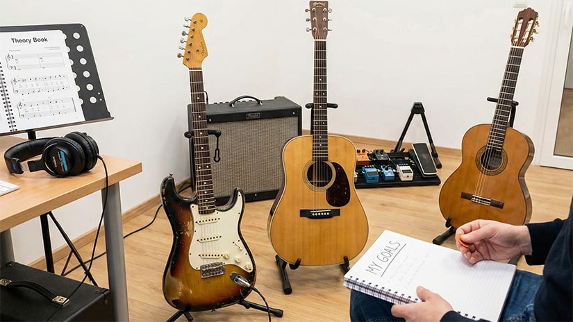 Electric, acoustic, and classical guitars with amplifier for advanced specialized instruction at PlayPro Guitar School La Mesa