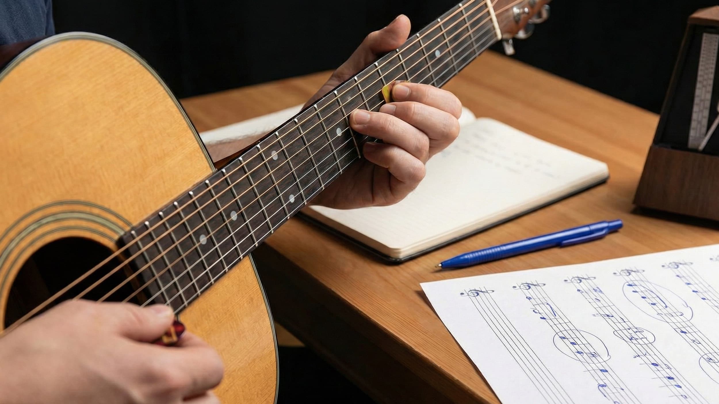 Advanced guitar student working on technique with music notation at PlayPro Guitar School La Mesa