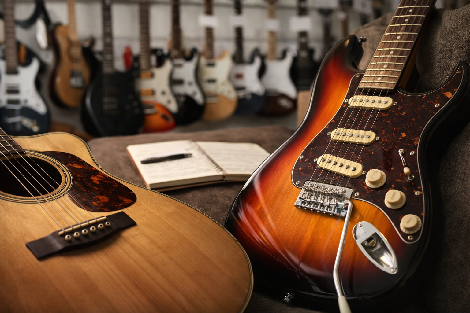 Acoustic and electric guitars in a studio setting representing beginner-friendly guitar lessons for seniors